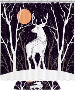 Snow Deer Under Moon Shower Curtain - Winter Bathroom Decor