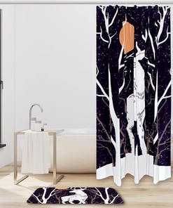 Snow Deer Under Moon Shower Curtain - Winter Bathroom Decor