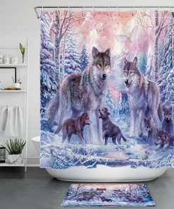 Snow Forest Wolf Shower Curtain for a Winter Wonderland Bathroom Decor