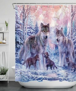 Snow Forest Wolf Shower Curtain for a Winter Wonderland Bathroom Decor