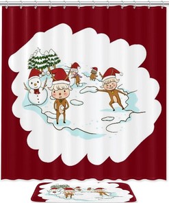 Snowball Fight Christmas Deer Waterproof Shower Curtain for Holiday Bathroom Decor