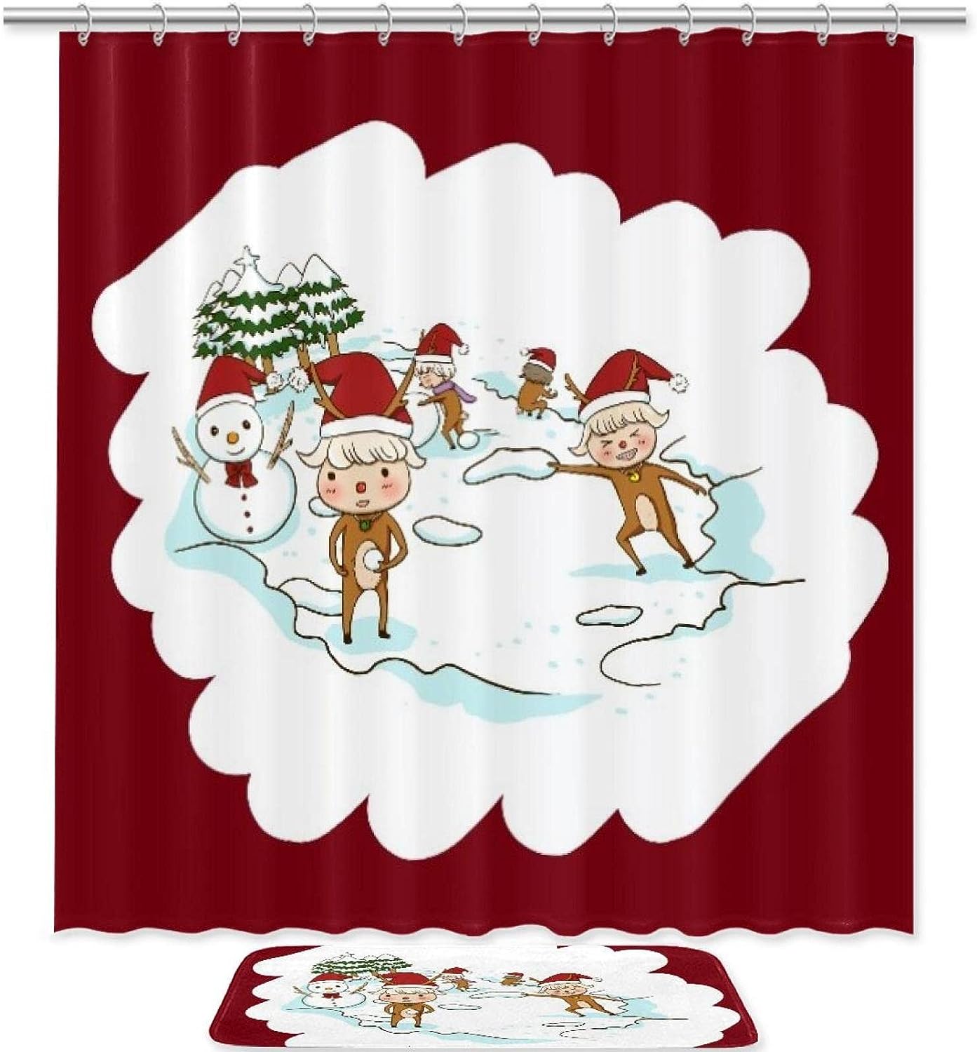 Snowball Fight Christmas Deer Waterproof Shower Curtain for Holiday Bathroom Decor