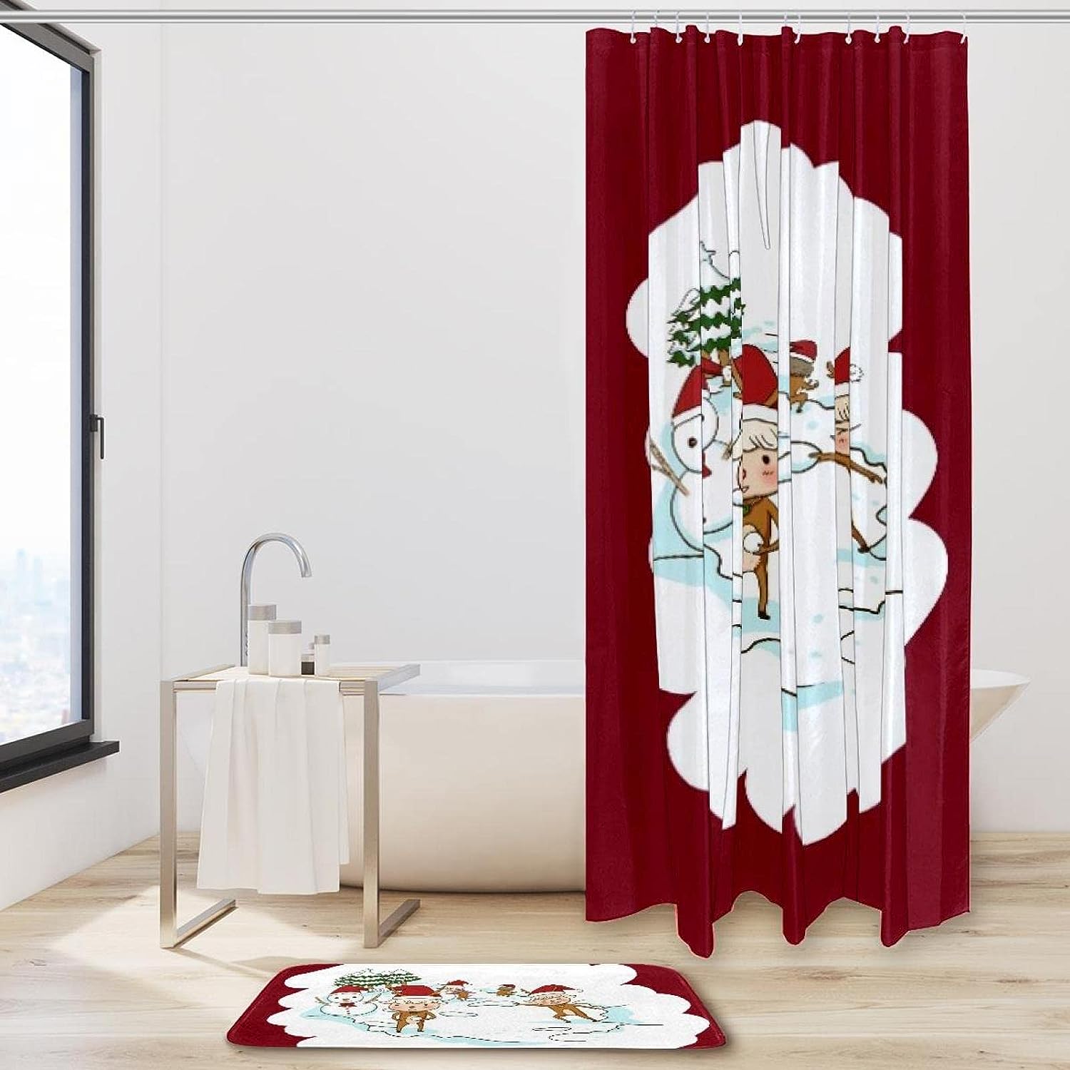 Snowball Fight Christmas Deer Waterproof Shower Curtain for Holiday Bathroom Decor