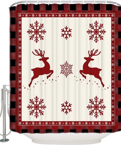 Snowflake Reindeer Elk Red Buffalo Plaid Shower Curtain - Rustic Christmas Bathroom Decor