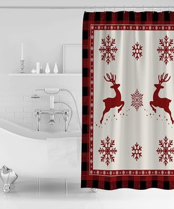 Snowflake Reindeer Elk Red Buffalo Plaid Shower Curtain - Rustic Christmas Bathroom Decor