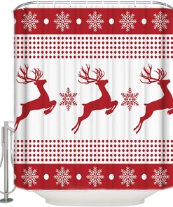 Snowflake Reindeer Elk Red Shower Curtain - Festive Christmas Bathroom Decor