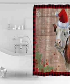 Snowflake Wood Farm Cattle Shower Curtain - Rustic Christmas Bathroom Decor