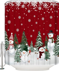 Snowflake Xmas Tree Cute Snowman Shower Curtain - Playful Christmas Bathroom Decor