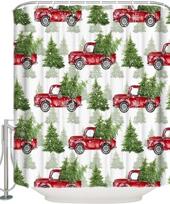 Snowflake Xmas Tree Farmhouse Red Truck Shower Curtain - Vintage Christmas Bathroom Decor