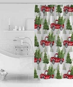 Snowflake Xmas Tree Farmhouse Red Truck Shower Curtain - Vintage Christmas Bathroom Decor