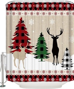 Snowflake Xmas Tree Reindeer Buffalo Plaid Shower Curtain - Cozy Christmas Bathroom Decor