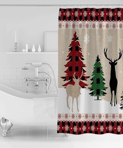Snowflake Xmas Tree Reindeer Buffalo Plaid Shower Curtain - Cozy Christmas Bathroom Decor