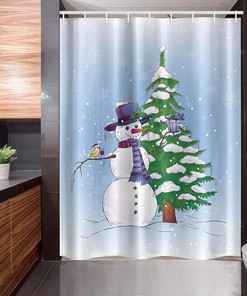 Snowman Christmas Stall Shower Curtain, Mistletoe Present Top Hat and Scarf Tree and Bird Print in Green Blue, Fabric Bathroom Decor