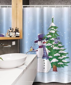 Snowman Christmas Stall Shower Curtain, Mistletoe Present Top Hat and Scarf Tree and Bird Print in Green Blue, Fabric Bathroom Decor