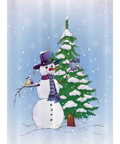 Snowman Christmas Stall Shower Curtain, Mistletoe Present Top Hat and Scarf Tree and Bird Print in Green Blue, Fabric Bathroom Decor