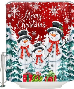 Snowman Xmas Tree Gift Snowflake Shower Curtain - Home Decor Bathroom Curtain