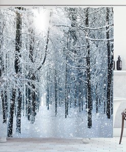 Snowy Forest Shower Curtain, Snow Covered Forest Scene in Early Morning, Cloth Bathroom Decor W, Black, White, and Slate Blue 