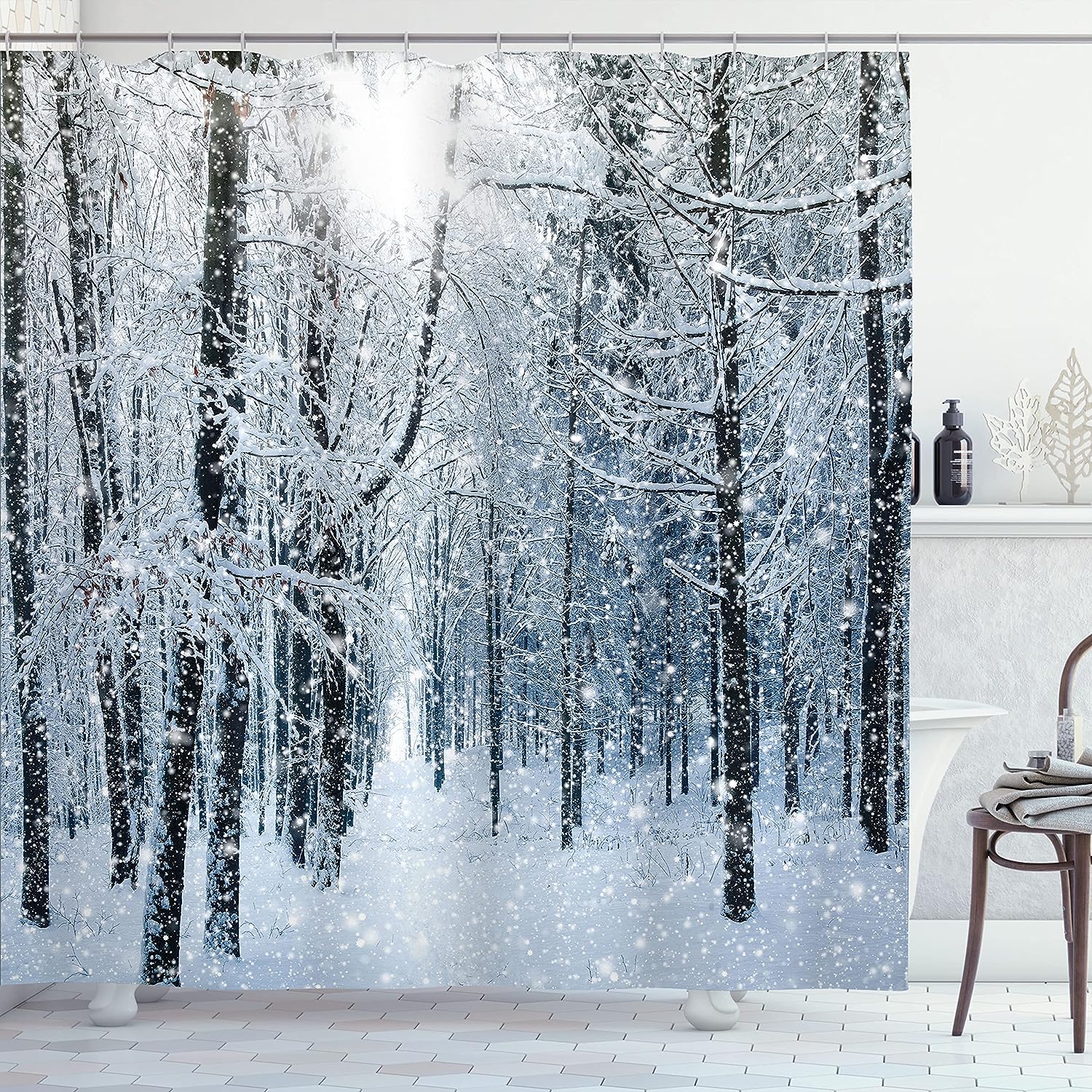 Snowy Forest Shower Curtain, Snow Covered Forest Scene in Early Morning, Cloth Bathroom Decor W, Black, White, and Slate Blue