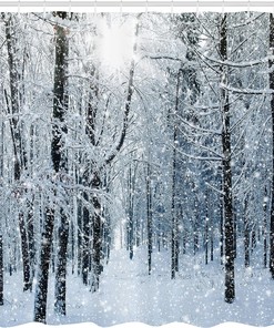 Snowy Forest Shower Curtain, Snow Covered Forest Scene in Early Morning, Cloth Bathroom Decor W, Black, White, and Slate Blue