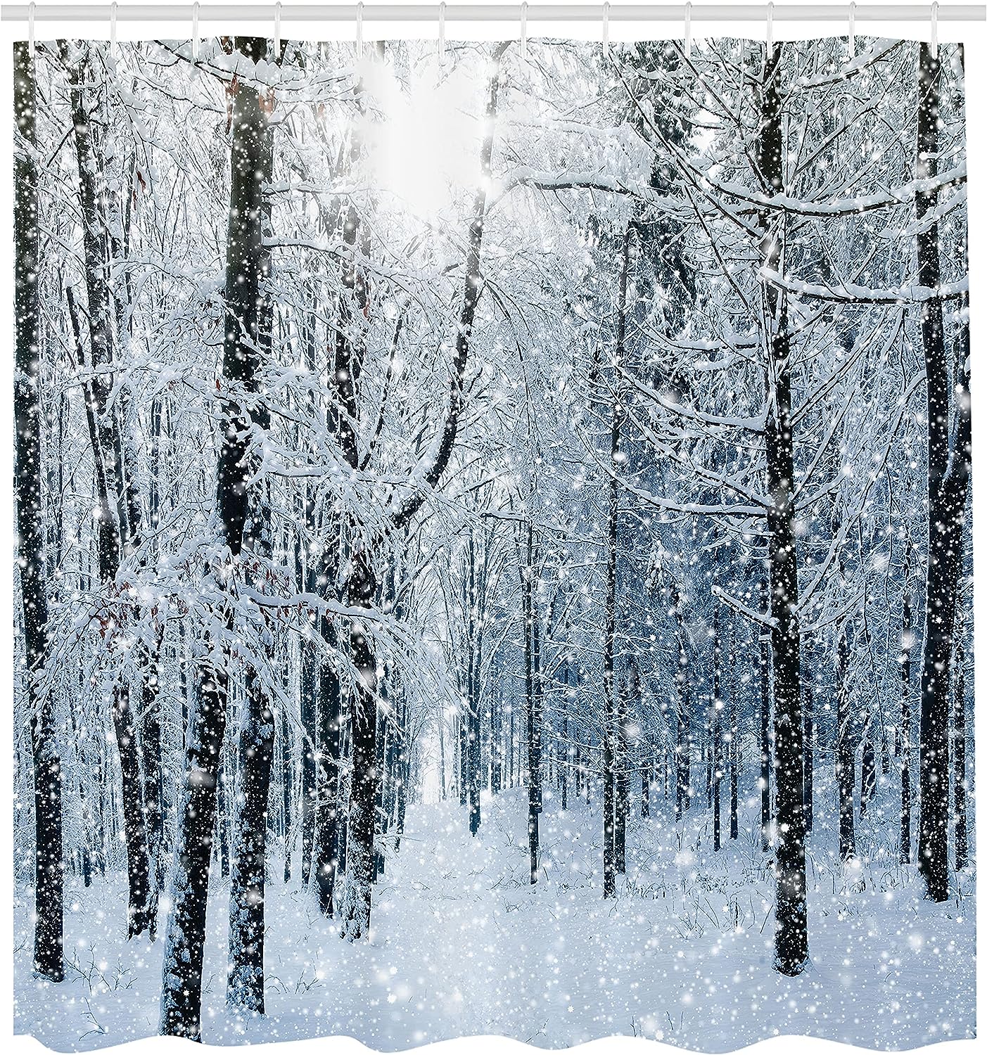 Snowy Forest Shower Curtain, Snow Covered Forest Scene in Early Morning, Cloth Bathroom Decor W, Black, White, and Slate Blue
