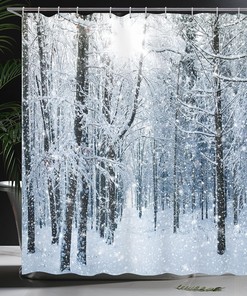 Snowy Forest Shower Curtain, Snow Covered Forest Scene in Early Morning, Cloth Bathroom Decor W, Black, White, and Slate Blue