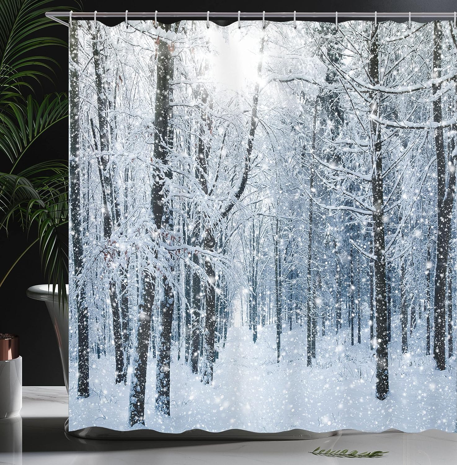Snowy Forest Shower Curtain, Snow Covered Forest Scene in Early Morning, Cloth Bathroom Decor W, Black, White, and Slate Blue