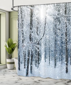 Snowy Forest Shower Curtain, Snow Covered Forest Scene in Early Morning, Cloth Bathroom Decor W, Black, White, and Slate Blue