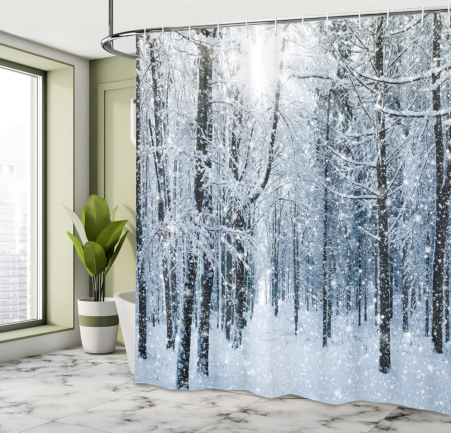 Snowy Forest Shower Curtain, Snow Covered Forest Scene in Early Morning, Cloth Bathroom Decor W, Black, White, and Slate Blue