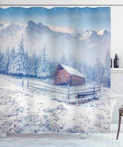 Snowy Mountain Farmhouse Shower Curtain, Rustic Life in Mountains and Frosted Forest, Bathroom Cloth Decor W, Caramel and White 