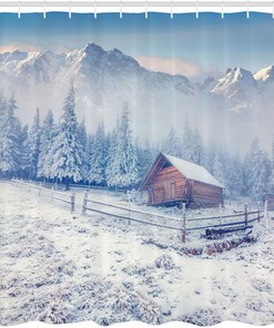 Snowy Mountain Farmhouse Shower Curtain, Rustic Life in Mountains and Frosted Forest, Bathroom Cloth Decor W, Caramel and White