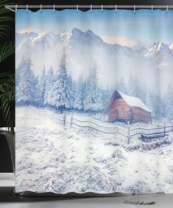 Snowy Mountain Farmhouse Shower Curtain, Rustic Life in Mountains and Frosted Forest, Bathroom Cloth Decor W, Caramel and White 