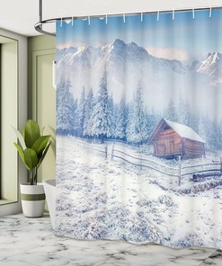 Snowy Mountain Farmhouse Shower Curtain, Rustic Life in Mountains and Frosted Forest, Bathroom Cloth Decor W, Caramel and White 