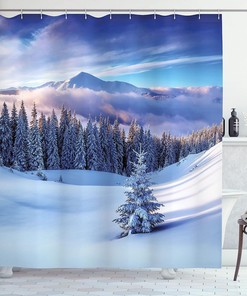 Snowy Mountain Shower Curtain, Snowy Coniferous Pine Trees and High Peaks, Cloth Bathroom Decor W, White and Blue 
