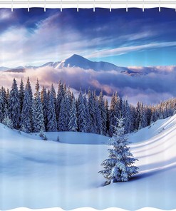Snowy Mountain Shower Curtain, Snowy Coniferous Pine Trees and High Peaks, Cloth Bathroom Decor W, White and Blue