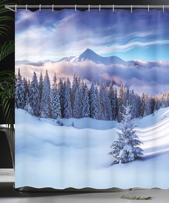 Snowy Mountain Shower Curtain, Snowy Coniferous Pine Trees and High Peaks, Cloth Bathroom Decor W, White and Blue 