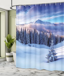 Snowy Mountain Shower Curtain, Snowy Coniferous Pine Trees and High Peaks, Cloth Bathroom Decor W, White and Blue 