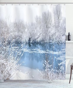 Snowy Winter Trees Shower Curtain, Frozen Lake and Snowy Trees, Cloth Bathroom Decor W, Pale Blue and White 