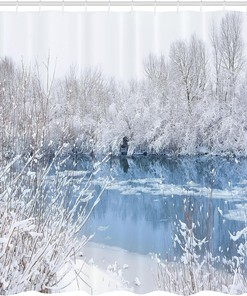 Snowy Winter Trees Shower Curtain, Frozen Lake and Snowy Trees, Cloth Bathroom Decor W, Pale Blue and White