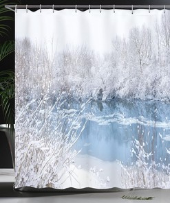 Snowy Winter Trees Shower Curtain, Frozen Lake and Snowy Trees, Cloth Bathroom Decor W, Pale Blue and White 