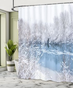 Snowy Winter Trees Shower Curtain, Frozen Lake and Snowy Trees, Cloth Bathroom Decor W, Pale Blue and White 