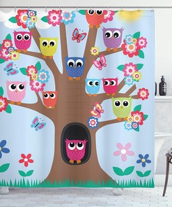 Soft Blue Warm Taupe Owl Shower Curtain, Birds and Butterflies on a Tree Style Illustration, Bathroom Decor Home Decor 
