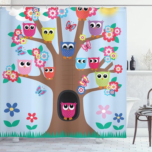 Soft Blue Warm Taupe Owl Shower Curtain, Birds and Butterflies on a Tree Style Illustration, Bathroom Decor Home Decor