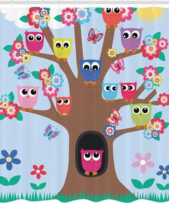 Soft Blue Warm Taupe Owl Shower Curtain, Birds and Butterflies on a Tree Style Illustration, Bathroom Decor Home Decor