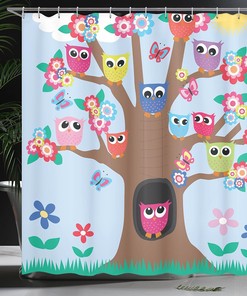 Soft Blue Warm Taupe Owl Shower Curtain, Birds and Butterflies on a Tree Style Illustration, Bathroom Decor Home Decor
