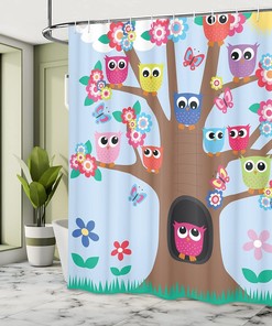 Soft Blue Warm Taupe Owl Shower Curtain, Birds and Butterflies on a Tree Style Illustration, Bathroom Decor Home Decor
