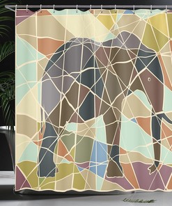 Soft Colored Animal Mosaic Shower Curtain, Wildlife Nature Savannah Theme Print Art- Bathroom Curtain
