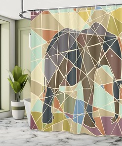 Soft Colored Animal Mosaic Shower Curtain, Wildlife Nature Savannah Theme Print Art- Bathroom Curtain