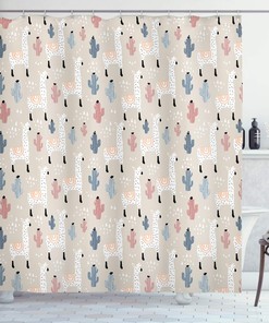 South American Llama Cactus Shower Curtain, Hand Drawn Elements Pattern Cloth Fabric Bathroom Decor, Home Decor Eggshell Blue