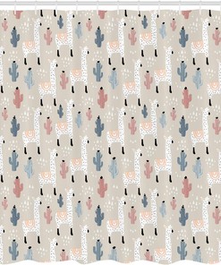 South American Llama Cactus Shower Curtain, Hand Drawn Elements Pattern Cloth Fabric Bathroom Decor, Home Decor Eggshell Blue