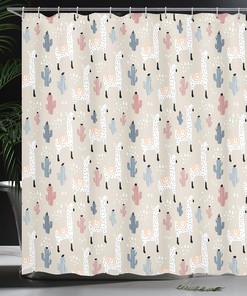 South American Llama Cactus Shower Curtain, Hand Drawn Elements Pattern Cloth Fabric Bathroom Decor, Home Decor Eggshell Blue